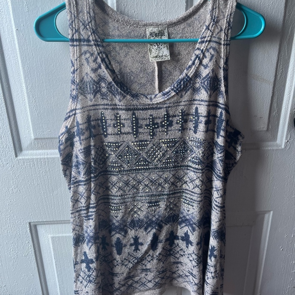 Vocal Cream Tank Top with Navy Tribal Print and Stud Accents